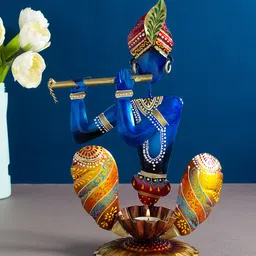 Golden Peacock Blue & Yellow Handpainted  Krishna Candle Holder-57