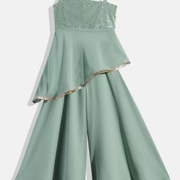 Ethnovog Girls Green Made To Measure Ethnic Motifs Sequinned Kurti with Palazzos-image-58