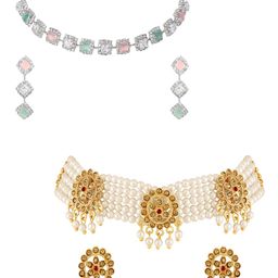 ASMITTA JEWELLERY Set Of 2 Rhodium & Gold-Plated Stones Studded Jewellery Sets-image-20