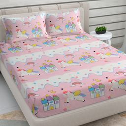 KLOTTHE Pink & White Cartoon Printed 300TC Double King Fitted Bedsheet & 2 Pillow Covers-image-83