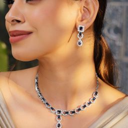 Rubans Rhodium-Plated Blue Sapphire AD & Cubic Zirconia Studded Necklace Set-7