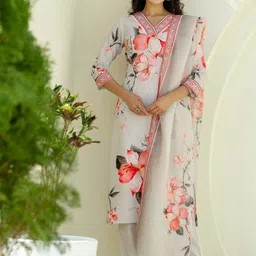 Navlik Floral Printed V-Neck Straight Kurta With Trouser And Dupatta-image-5