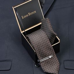 LOUIS STITCH Men Chocolate Brown Italian Silk Necktie Accessory Gift Set-image-95