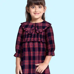 SCOUP Red & Navy Blue Cotton Checked Peter Pan Collar Smocked Yoke Dress-image-58