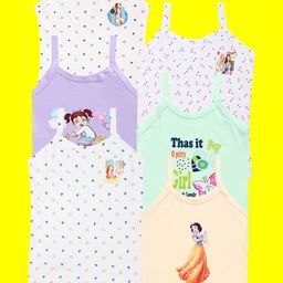 CAREPLUS Girls Pack Of 6 Assorted Cartoon Characters Printed Pure Cotton Camisoles-47