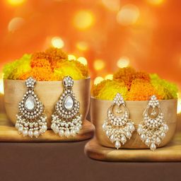 Zaveri Pearls Set Of 2 Gold-Plated Artificial Stones Studded & Beaded Drop Earrings-15