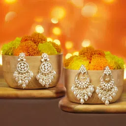 Zaveri Pearls Set Of 2 Gold-Plated Artificial Stones Studded & Beaded Drop Earrings-49