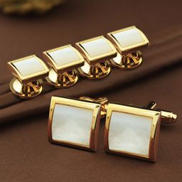 House of PataudiMother of Pearl Gold-Plated Pearls Studded Cufflinks & Shirt Studs-picture-42