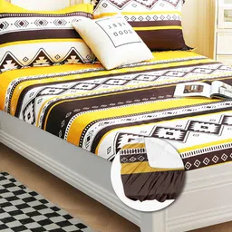 Story@home Yellow & White Geometric 240 TC Satin Finish Fitted Queen Bedsheet Set-image-67