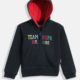 U.S. Polo Assn. Kids Boys Navy Blue Brand Logo Self Design Hooded Pure Cotton Sweatshirt-image-73