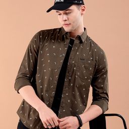 The Indian Garage Co Men Olive Green & White Slim Fit Printed Casual Shirt-image-56