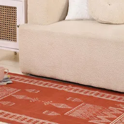 Peepul Tree Rust Brown and White Mandana Diamond Hut Printed Cotton Carpet-1