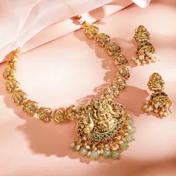 Rubans 22K Gold-Plated Ruby Emerald & Mint Green-White Beaded Lakshmi Temple Necklace Set-11