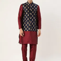 SOJANYA Men Maroon & Navy Blue Solid Kurta with Churidar & Nehru Jacket-picture-51