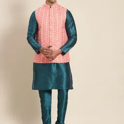 SOJANYA Men Teal Ethnic Motifs Embroidered Kurta with Churidar with Nehru Jacket-picture-13