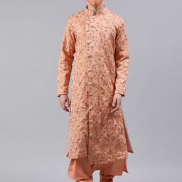 Ethnovog Men PeachGold Embroidered Made To Measure Kurta Set With Matching Mask-picture-41