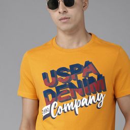 u.s. polo assn. denim co. U S Polo Assn Denim Co Men Mustard Yellow Typography Printed Pure Cotton Slim Fit T-shirt-picture-1