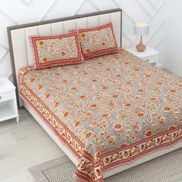 Rajasthanikart Red & Brown Floral Pure Cotton 144 TC King Bedsheet & 2 Pillow Covers-picture-8