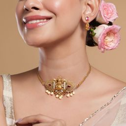 Rubans 22K Gold-Plated Ruby, Emerald, and Cubic Zirconia Studded Lakshmi Temple Choker Set image 3