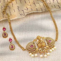 Rubans 22K Gold-Plated Ruby, Emerald, and Cubic Zirconia Studded Lakshmi Temple Choker Set image 4