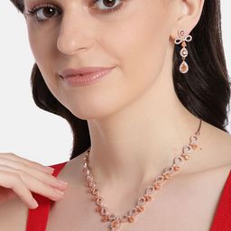 JEWELS GEHNA Peach-Coloured Rose Gold-Plated AD-Studded Handcrafted Jewellery Set-18