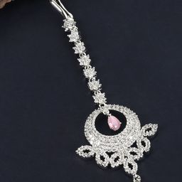 JEWELS GEHNA Pink Silver-Plated CZ Stone-Studded Handcrafted Maang Tika-10