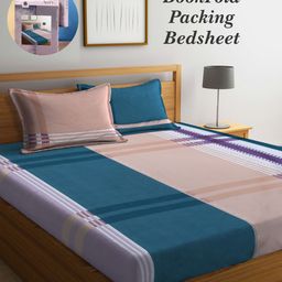 Arrabi Bookfold Blue & Peach-Coloured Printed 300 TC King Bedsheet & Pillow Covers-60