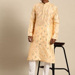RAJUBHAI HARGOVINDAS Men Cream-Coloured Mirror Work Kurta with Churidar image 2
