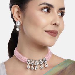 I Jewels Women Rhodium-Plated Pink Handcrafted Stone-Studded Choker Jewellery Set-57