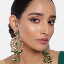 I Jewels Gold-Plated & Green Antique Kundan and Pearl Studded Dome Shaped Jhumkas-image-6