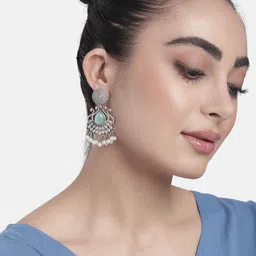 AITIHYA Silver-Plated Stones-Studded & Beaded Teardrop Shaped Oxidised Drop Earrings image 3