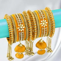 Peora Set Of 10 Gold-Toned & Yellow Designer Silk Thread Bridal Wedding Bangles-20