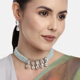 I Jewels Turquoise Blue Crystal Stone Studded Rhodium-Plated Choker Jewellery Set-27