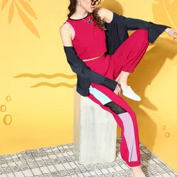 Athena Women Enchanting Fuchsia Solid Top with Colourblocked Joggers-image-56