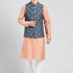 KISAH Men Peach-Coloured & Grey Printed Kurta with Churidar & Nehru Jacket image 1