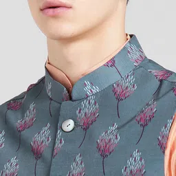 KISAH Men Peach-Coloured & Grey Printed Kurta with Churidar & Nehru Jacket image 2