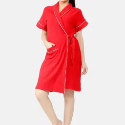 Sand Dune Women Red Solid Pure Terry Cotton Bath Robe-10