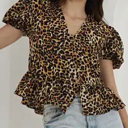 Shein Deep V Neck Short Puff Sleeve Animal Print Relaxed Fit Top-image-40