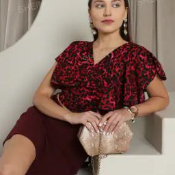 Shein Casual Short Angel Sleeves Animal Print Top with Back Tie-up-image-39