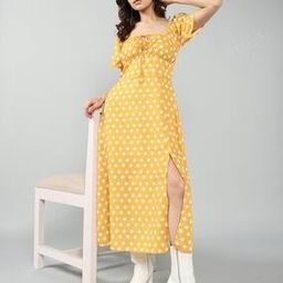 Shein Vintage Puff Sleeves Slit Polka-Dot Pattern Stylised Maxi Dress-image-91