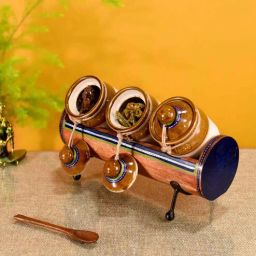 aakriti art creations Chatore Blue and Natural Glass and Wood 3Pcs Storage Jar with Stand-picture-35