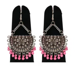 Weariton Women Silver Light Pink Beaded Half Moon Chand Earrings-image-30