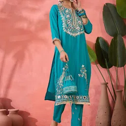 Sangria Embroidered Straight Kurta & Palazzo With Bag-image-94