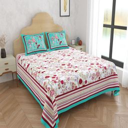 Desi Mantra White & Pink Floral 144 TC Queen Bedsheet with 2 Pillow Covers-image-55