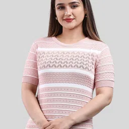 FEVERFEW Striped Self Design Round Neck Short Sleeves Top-4