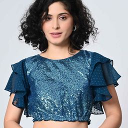 OTIRA Women Teal Embellished Crop Top with Flutter Sleeves-image-18