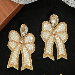 DressBerry Cream Gold-Plated Artificial Stones Studded Contemporary Drop Earrings-image-81