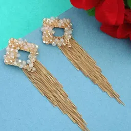 DIVASTRI Gold-Plated Stones Studded Contemporary Shaped Tasselled Drop Earrings-picture-11