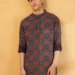 Fabindia Ethnic Motifs Ajrakh Printed Band Collar Cotton Straight Short Kurta-36