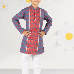 VASTRAMAY Boys Floral Printed Pure Cotton Mandarin Collar Straight Kurta With Pyjamas-image-13
